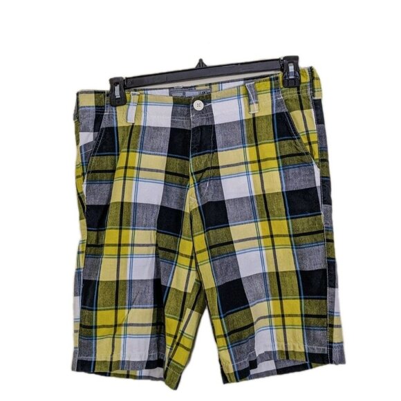 Rumors Mens Size 32 Shorts Flat Front Blue Yellow Plaid Brushed Cotton Pockets - Picture 1 of 4